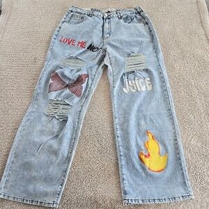 Blue Republic Distressed Jeans Women's Wide Leg Graphic Design Streetwear 2XL